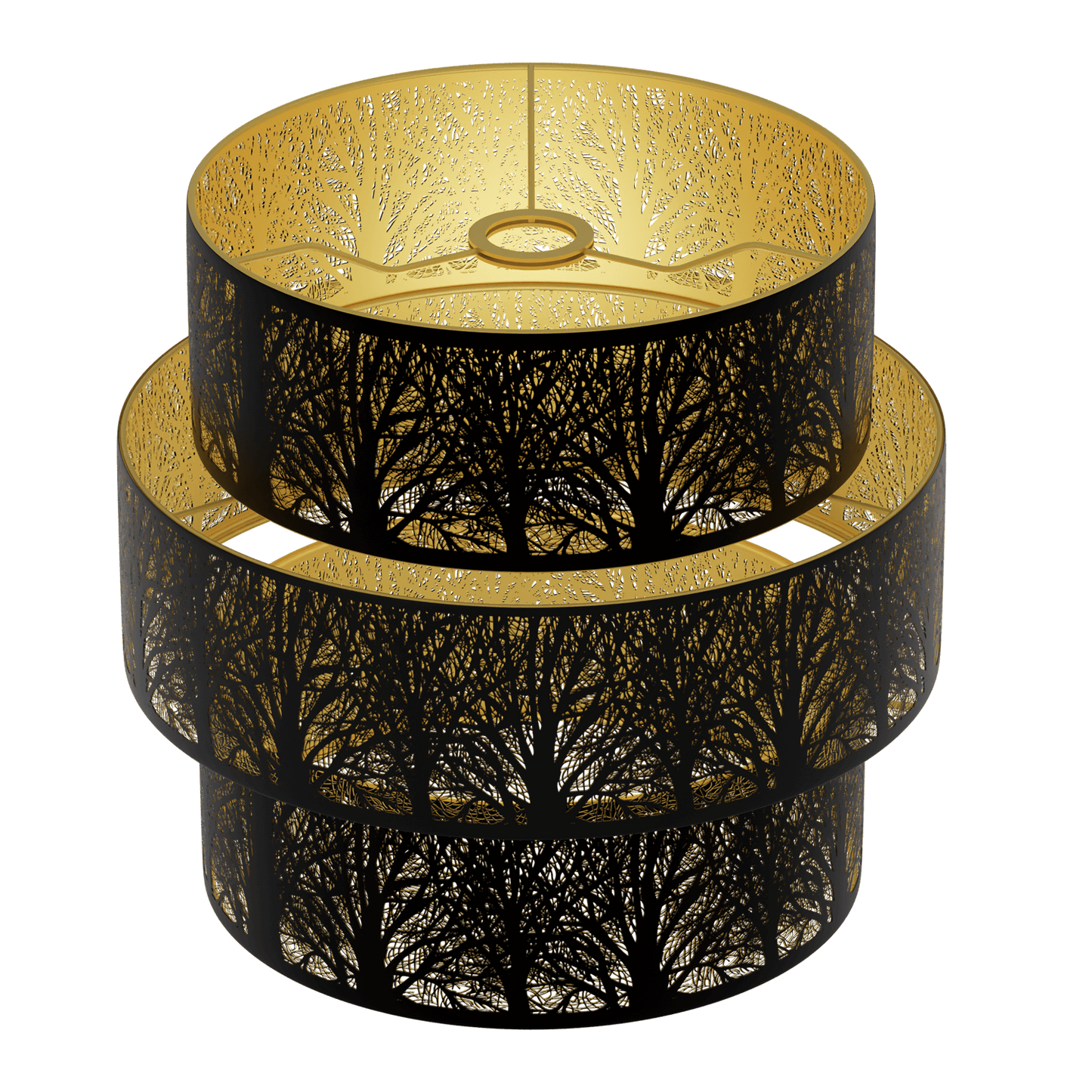 A three-tiered drum-shaped metal lampshade with a black exterior and gold interior, featuring a forest etching.