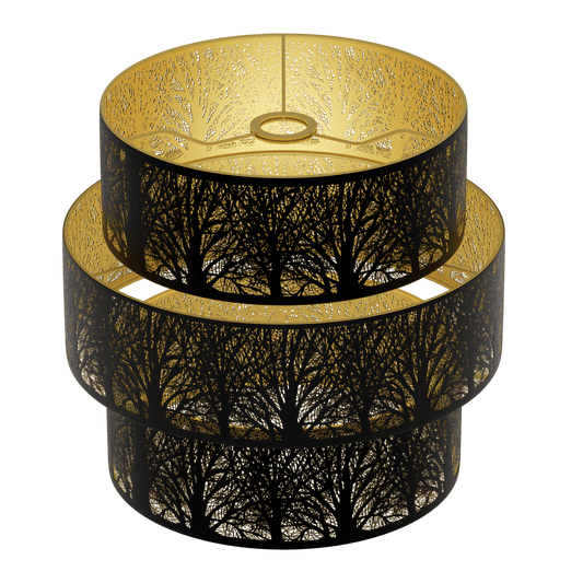 A three-tiered drum-shaped metal lampshade with a black exterior and gold interior, featuring a forest etching.
