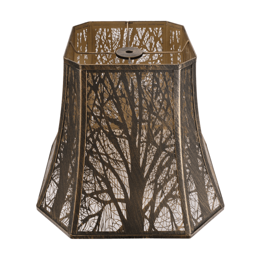 A beige bell-shaped lampshade with an etched tree design.