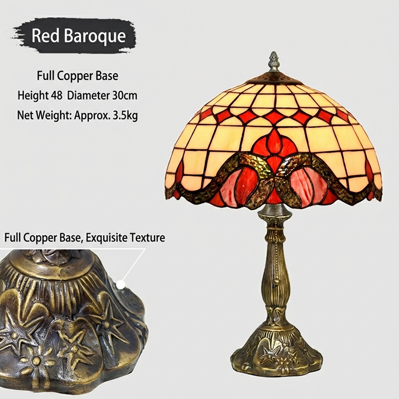 Red Baroque Tiffany table lamp featuring rich crimson and ivory stained glass with elegant ambient lighting