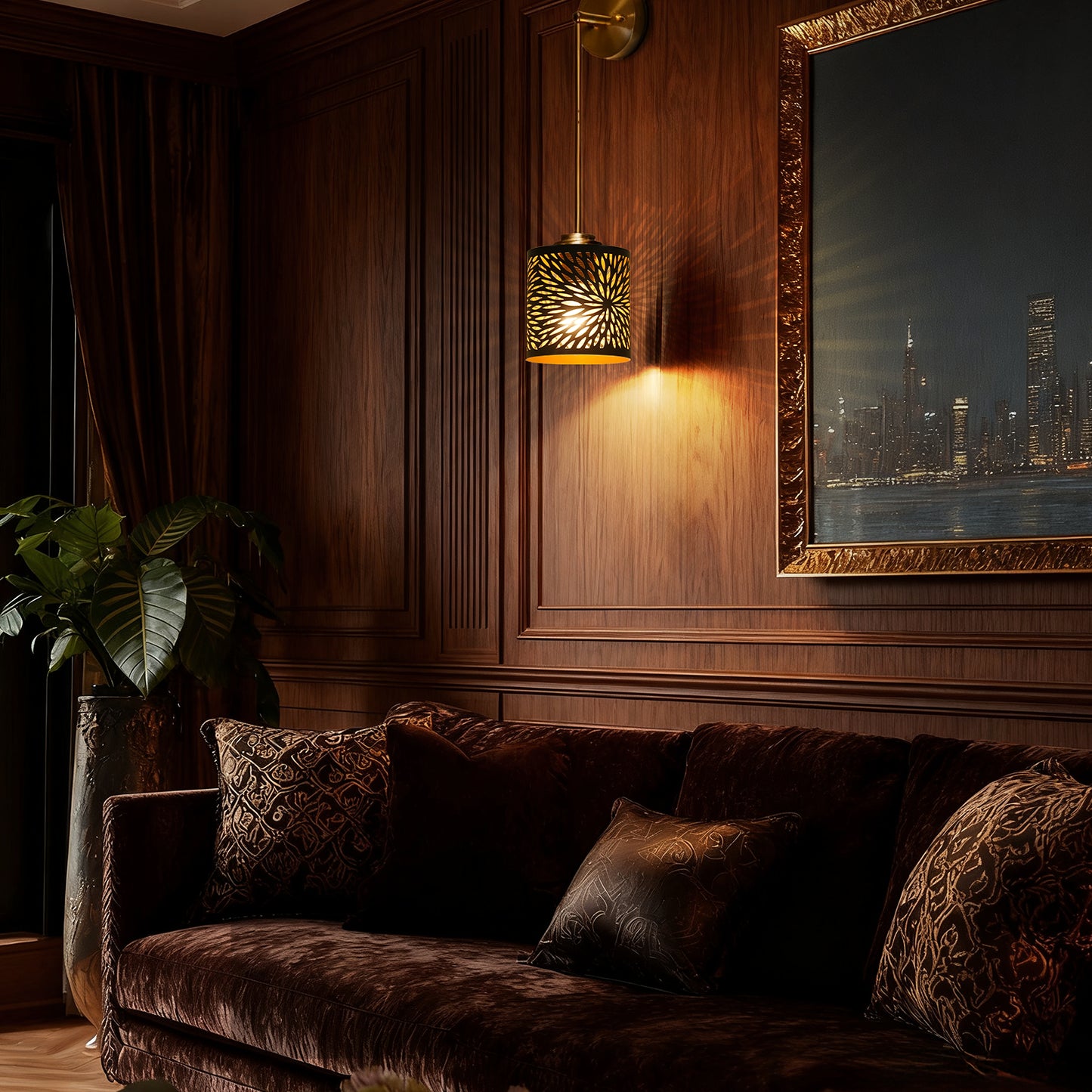 Decorative drum pendant light installed in a hallway