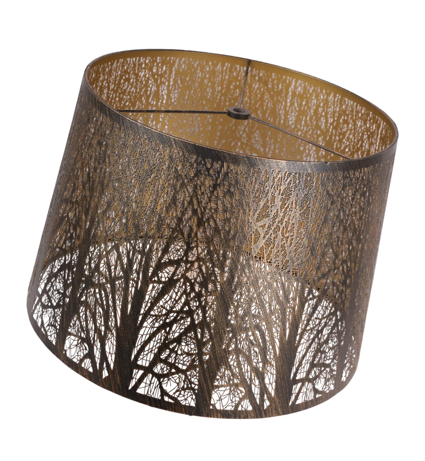 A cylindrical metal lampshade with a forest etched design, predominantly in brown and white tones.