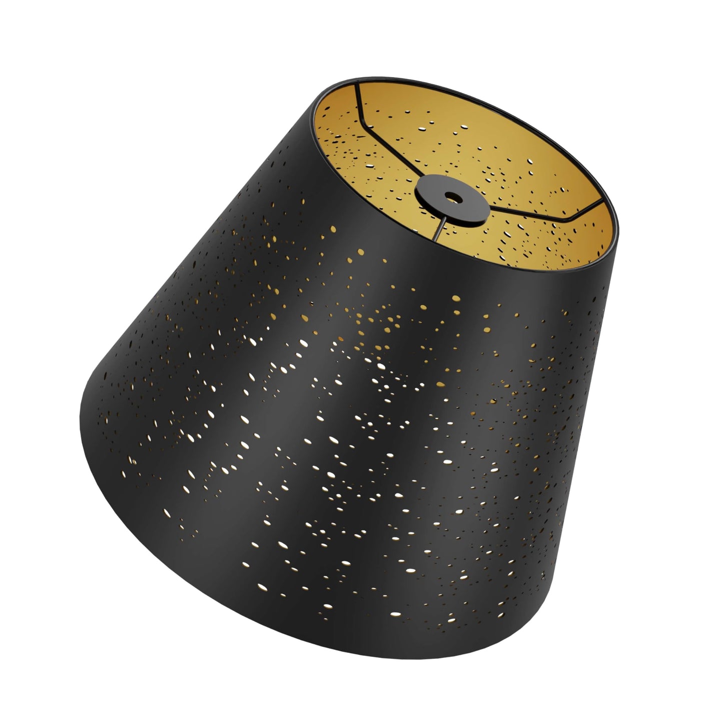 A black etched lampshade with gold interior, designed for table lamps, showcasing a star pattern.