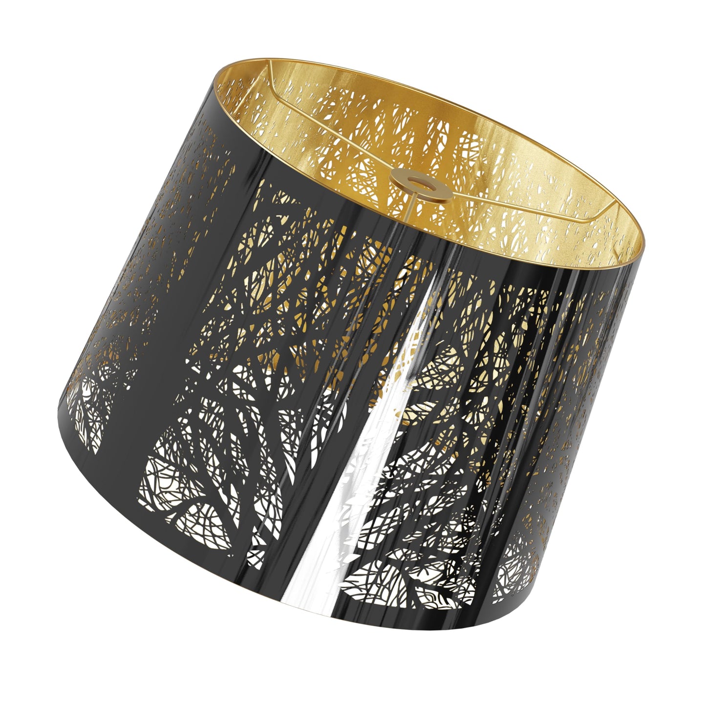 A black chrome metal lampshade with a gold interior, featuring a geometric forest pattern.