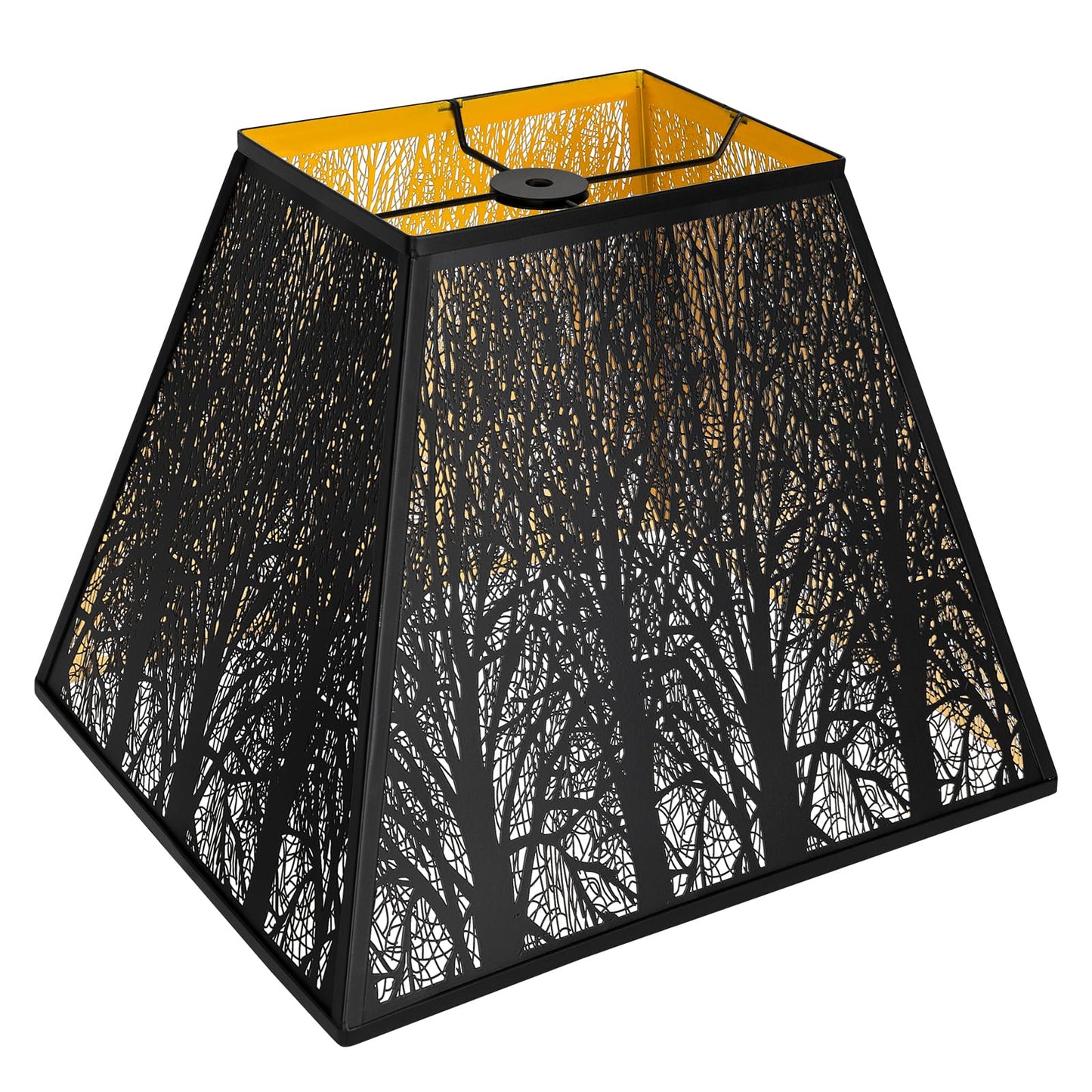 A black and gold pyramid metal lamp shade with etched forest details.