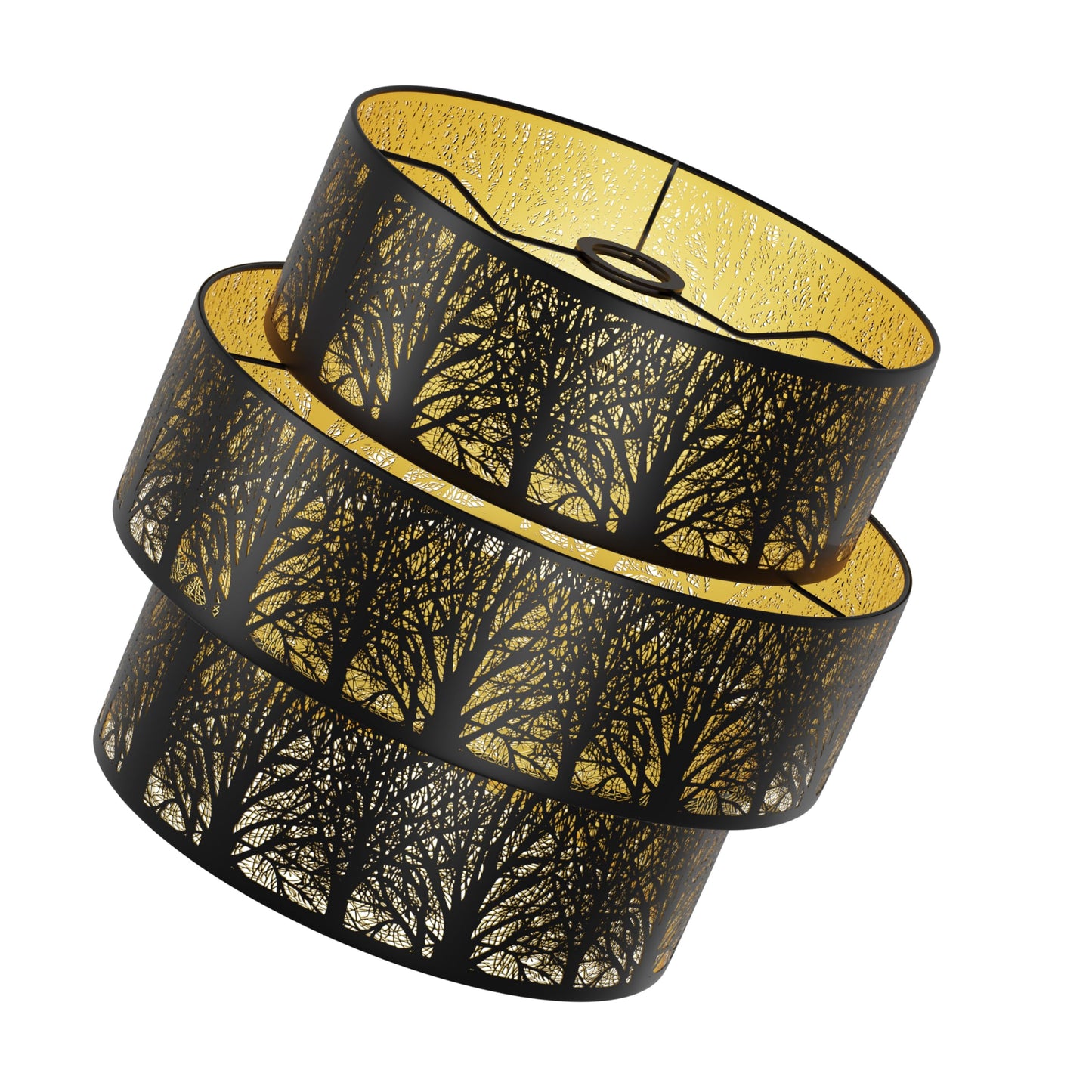A set of three black metal lampshades with gold interiors, featuring a forest etching.