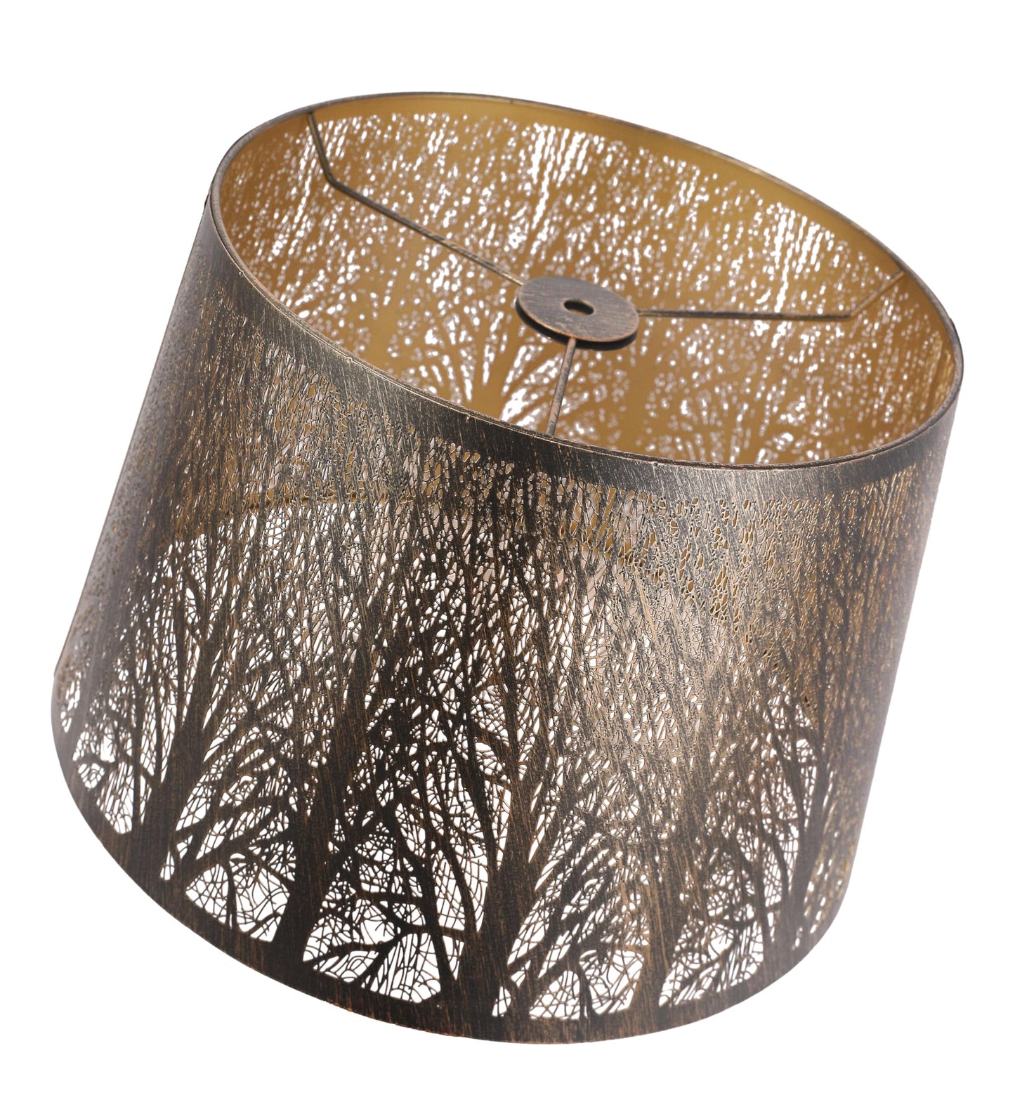 A cylindrical metal lampshade with a tree etched pattern, predominantly in brown tones.