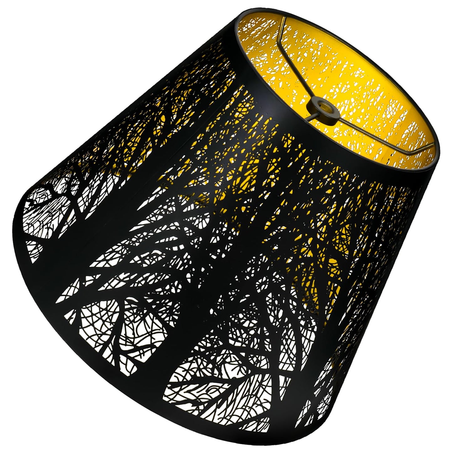 A small metal lampshade with a hand-etched forest design, featuring a black exterior and gold interior.