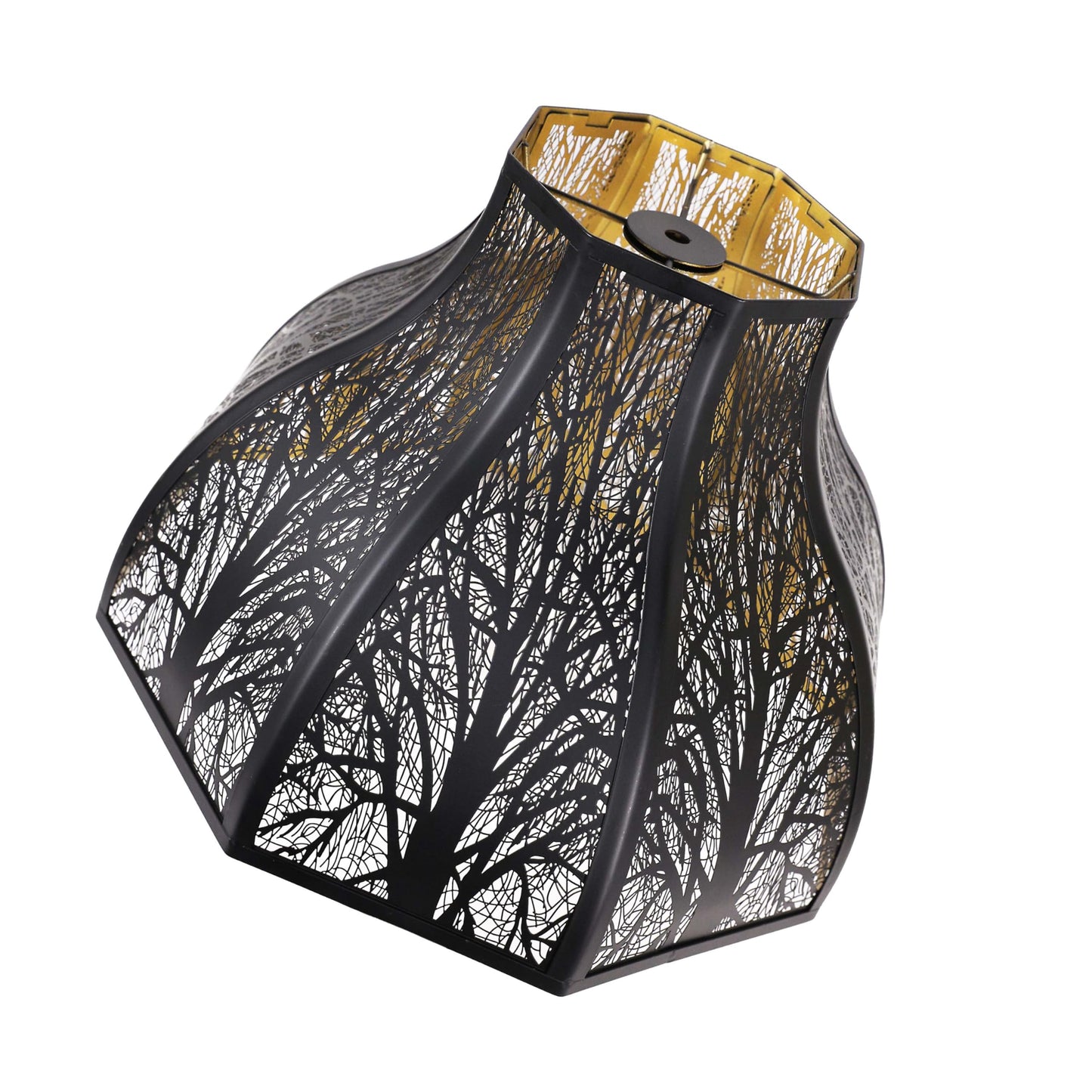 A metal lampshade with an 8-petal lotus shape and a hand-etched forest design, predominantly black with a gold interior.