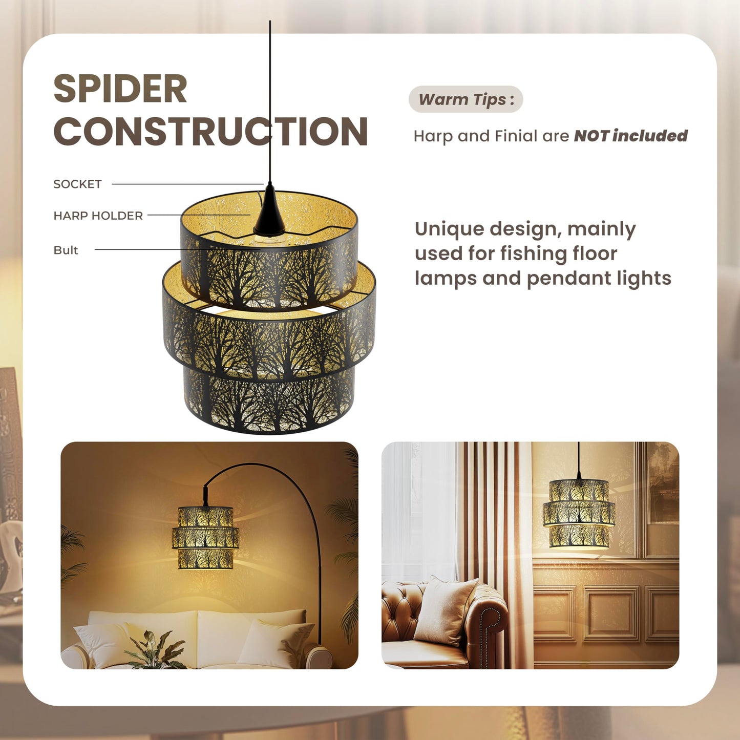 3-Tier Drum Metal Lampshade – 11.8"x9" | Chandelier & Pendant Compatible