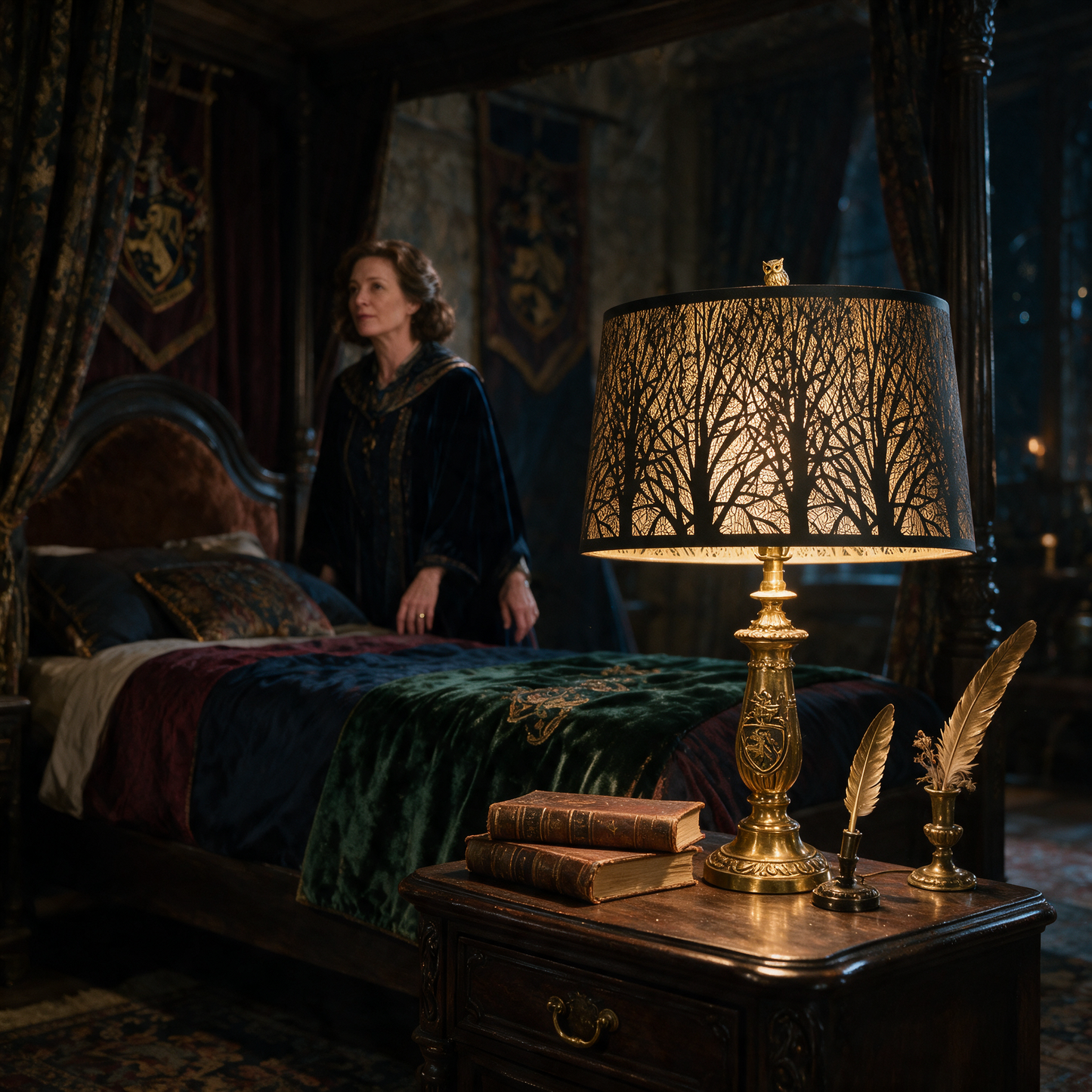 Black metal lamp shade for antique lamps displayed on an ornate table lamp in a vintage bedroom with warm ambient lighting.