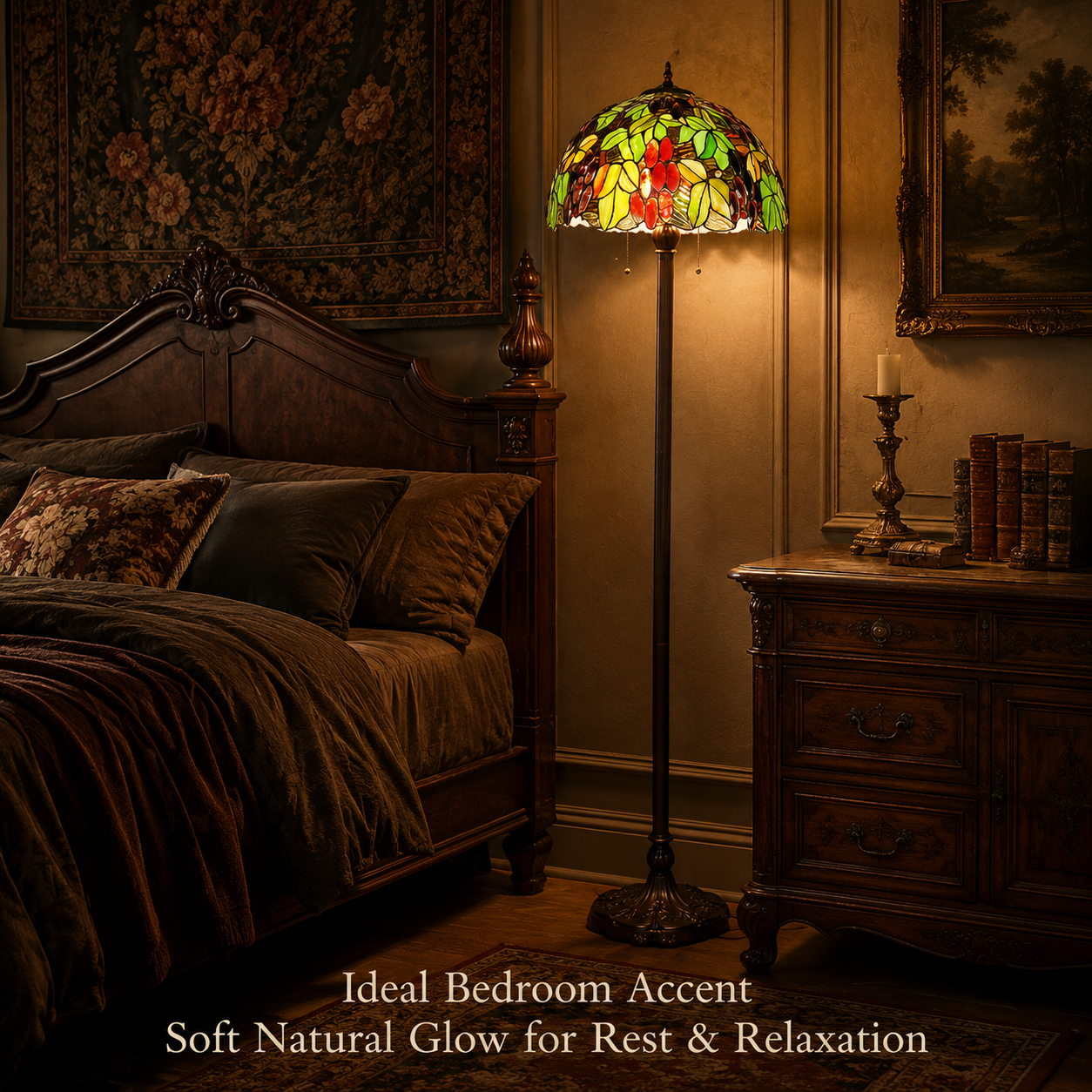 Luxury bedroom with stained glass floor lamp creating soft warm illumination and elegant vintage home atmosphere