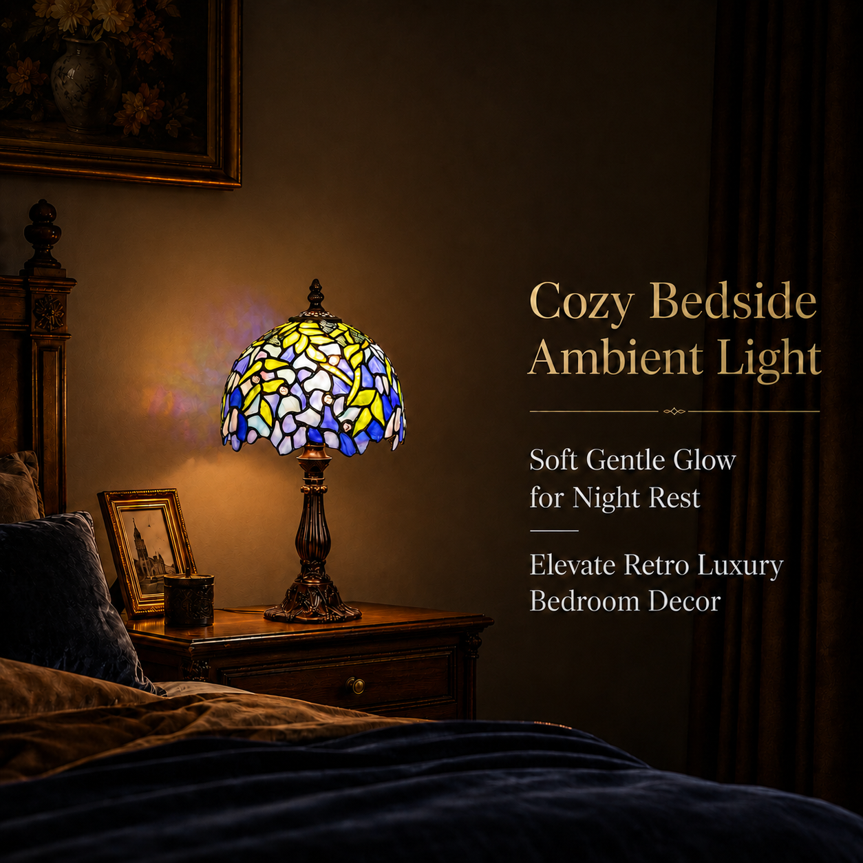 Wisteria stained glass bedside lamp casting a soft warm glow beside a bed for relaxing evening ambient lighting
