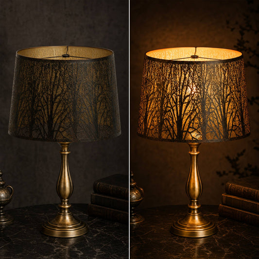 vintage perforated lamp shade casting patterned light on wall