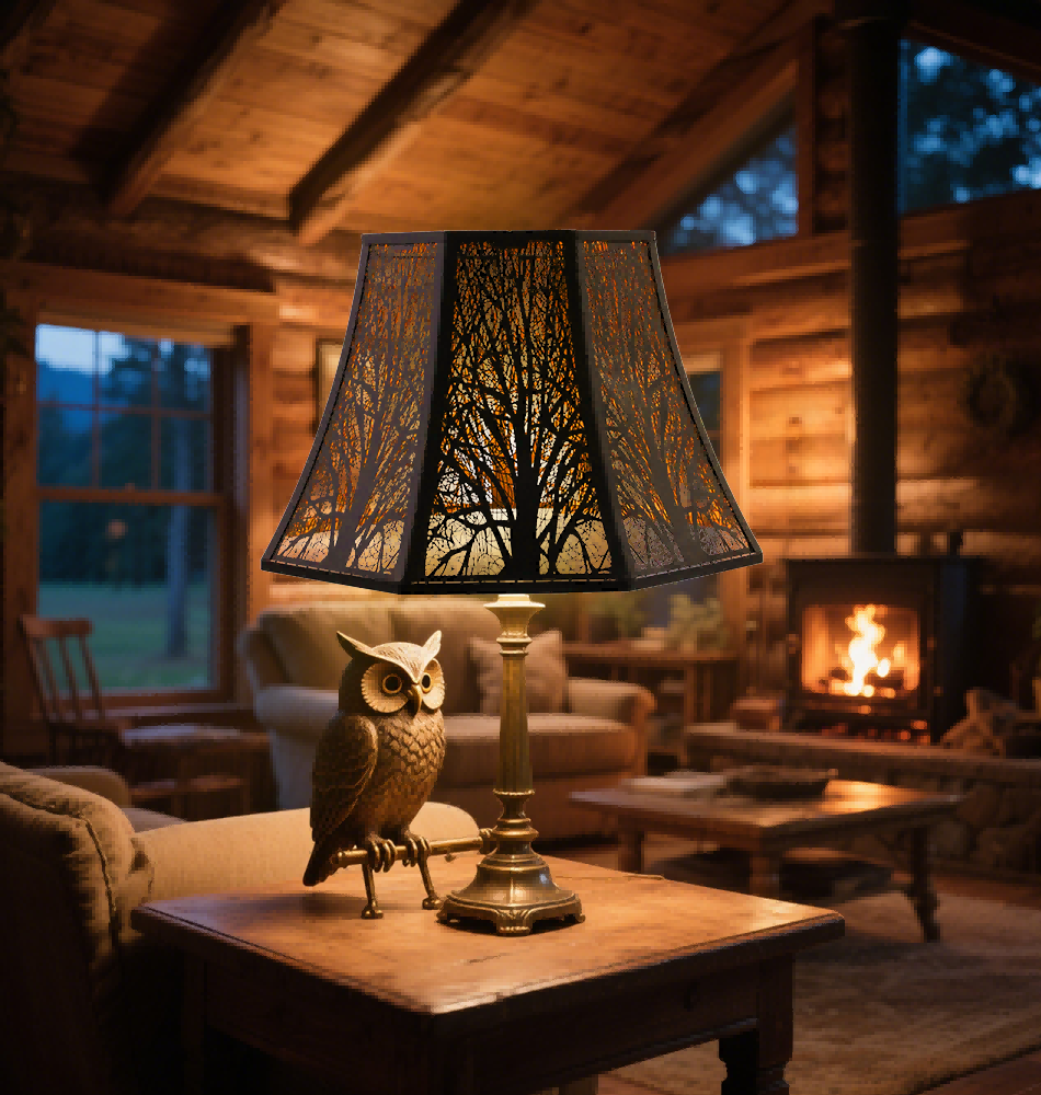 Black and gold metal lamp shade illuminated with a warm LED bulb
