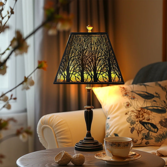 Industrial metal lamp shades in a modern living room with warm ambient lighting