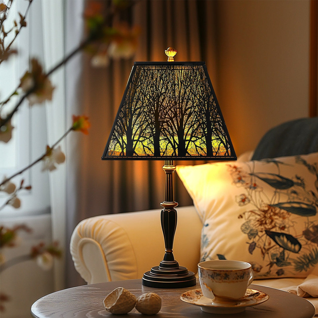 Industrial metal lamp shades in a modern living room with warm ambient lighting
