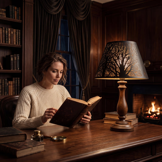 Home office transitioning from bright daytime task lighting to warm evening ambient lighting for focus, comfort, and relaxation