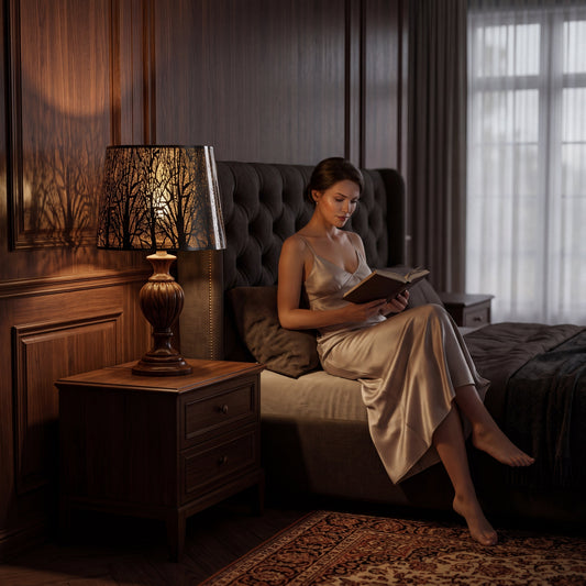 Luxury hotel-inspired bedroom with layered warm lighting, black and gold bedside lamps and soft ambient shadows