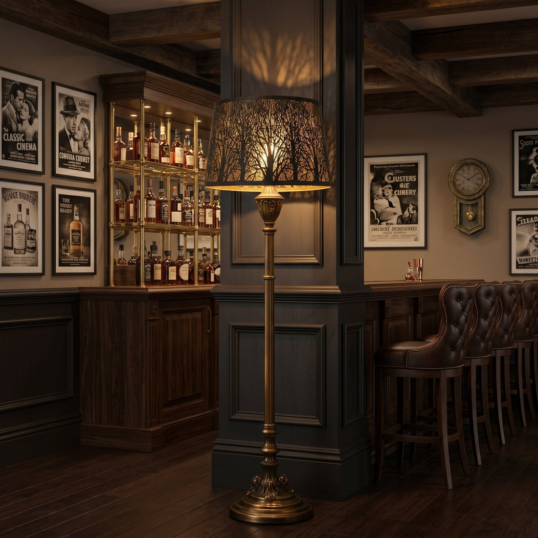 Split living and dining interior comparing warm farmhouse lighting with bold black industrial metal lighting