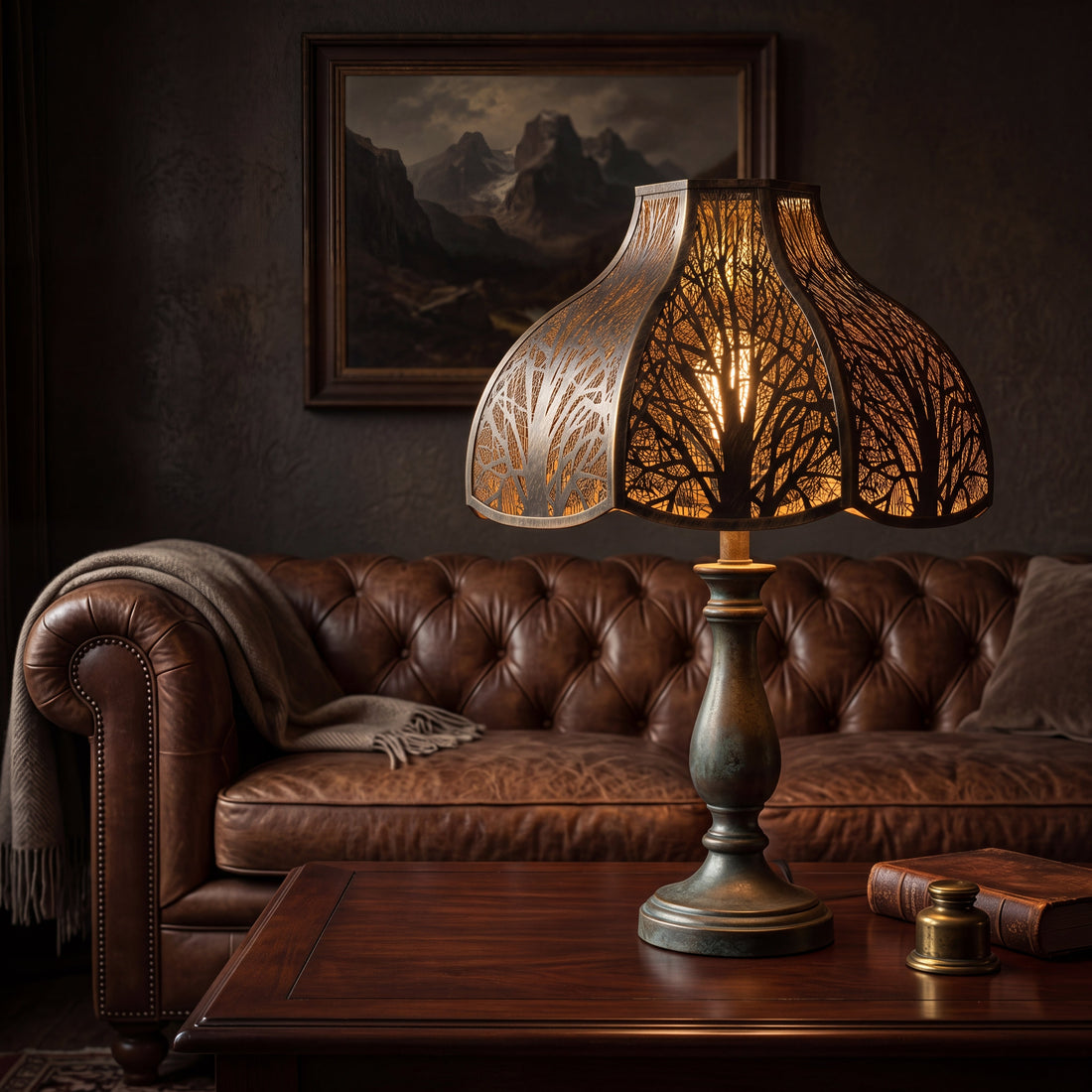 Vintage lamp shade glowing warmly in a cozy family living room with leather sofa