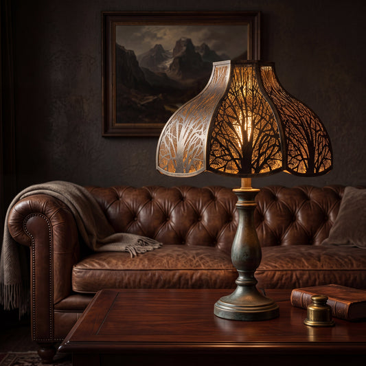 Vintage lamp shade glowing warmly in a cozy family living room with leather sofa