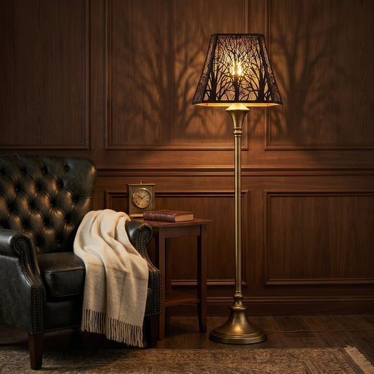 Metal lamp shade creating soft decorative shadows in a warm vintage living room