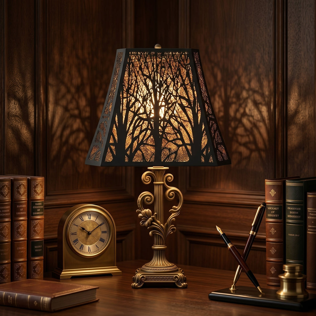 Black and gold metal lamp shade creating warm ambient lighting in a luxury living room