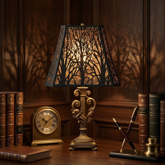 Black and gold metal lamp shade creating warm ambient lighting in a luxury living room