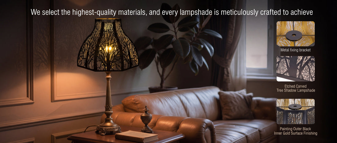 Homeowner comparing lamp shade size fitting shape and material to choose the right replacement shade in 60 seconds