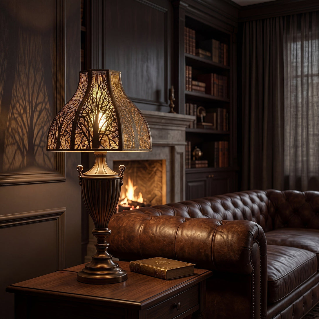 Premium antique bronze metal lamp shade with detailed botanical etching and warm ambient light in an elegant vintage living room.