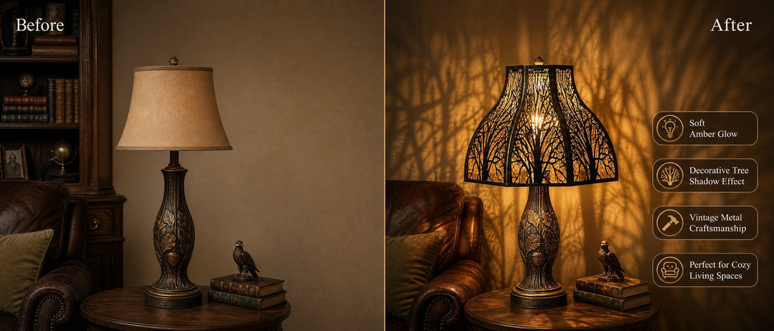 The same table lamp displaying different lighting effects with fabric and etched metal lamp shades