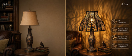 The same table lamp displaying different lighting effects with fabric and etched metal lamp shades
