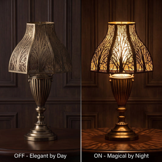 White living room wall appearing warm yellow under an LED table lamp at night compared with its neutral daytime color