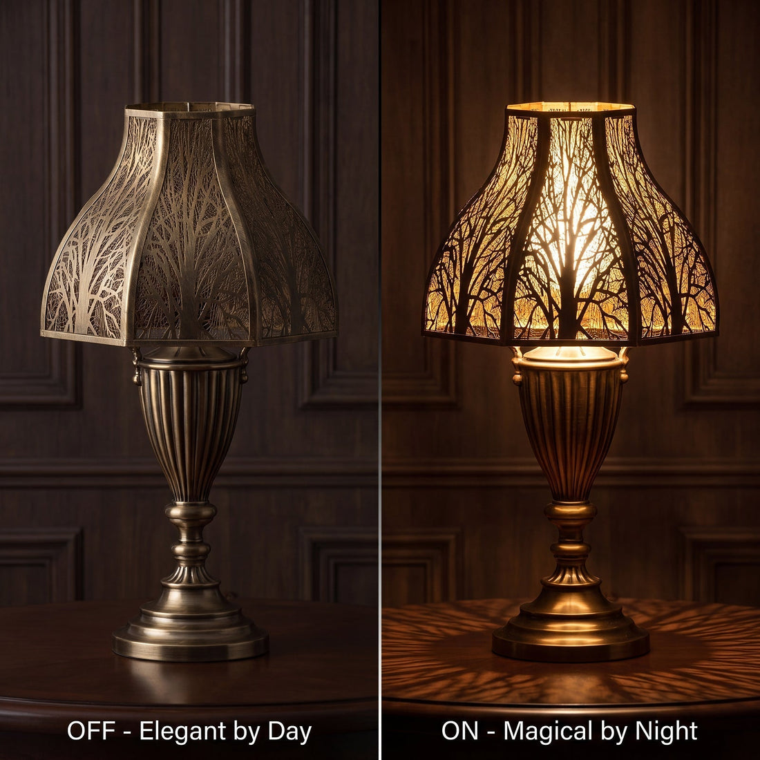 White living room wall appearing warm yellow under an LED table lamp at night compared with its neutral daytime color
