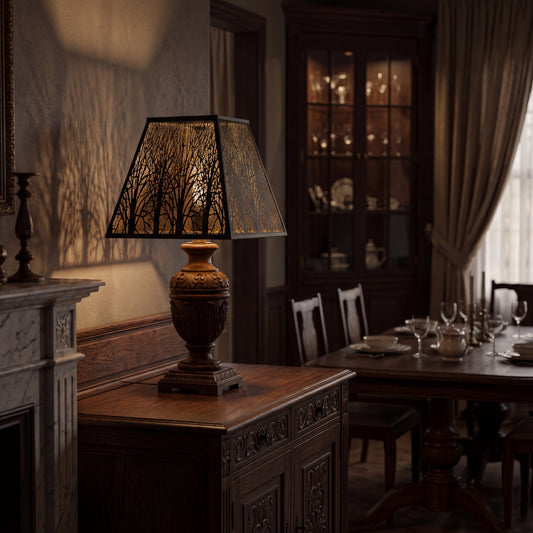 Table lamp with a metal shade casting uneven and decorative shadows on a nearby wall at night
