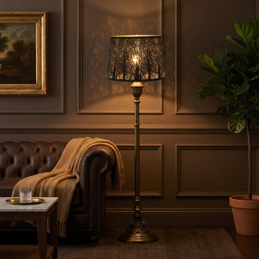 Open bottom and closed bottom lamp shades compared in an elegant living room, showing direct downward light versus soft diffused illumination.