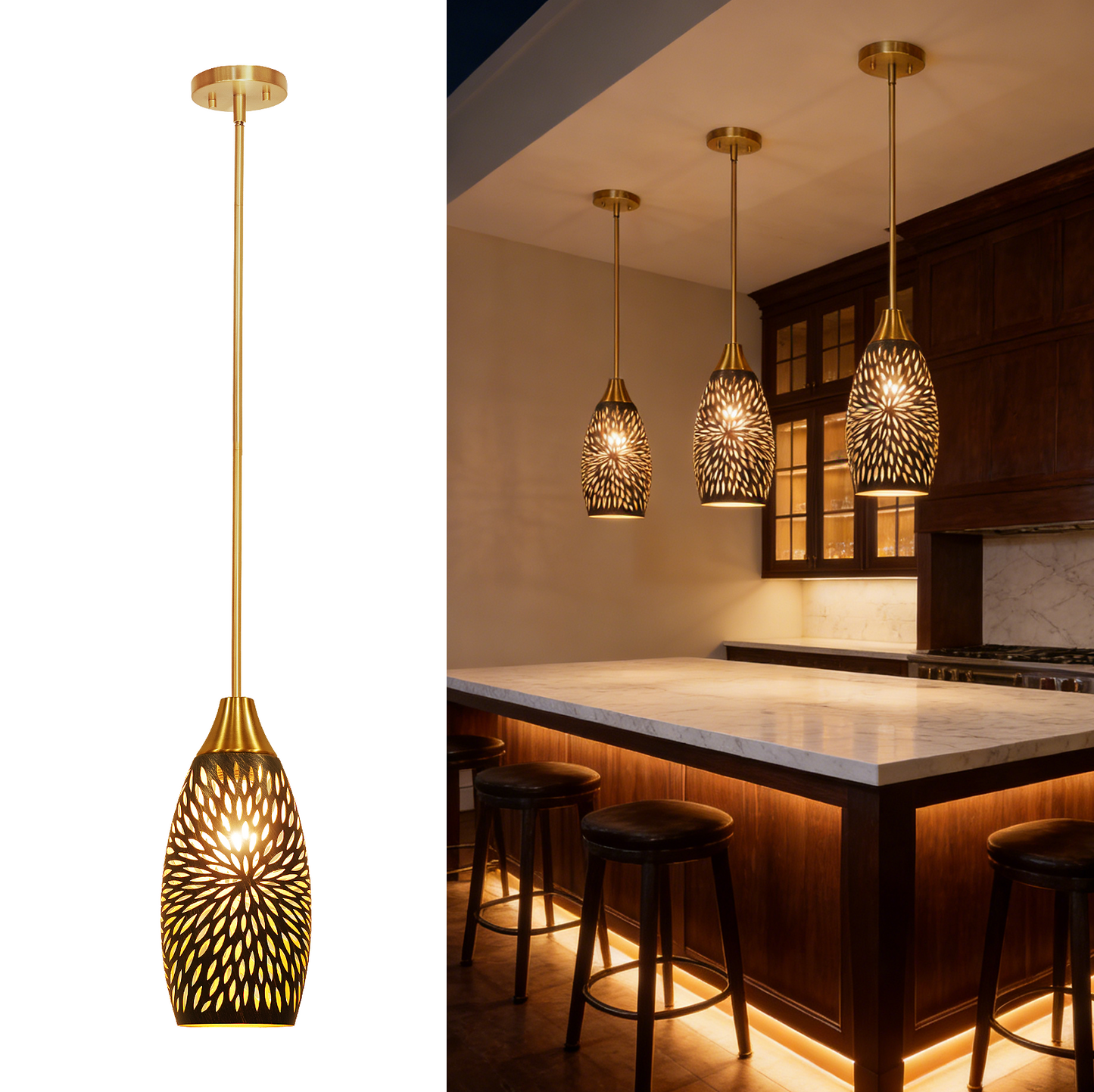 Gold Teardrop Pendant Light | Flame Petal Hollow-Out Etched Metal Shade | Adjustable Height | E26 Max 60W | Luxury Boho Entryway Accent Lamp