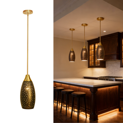 Starry Night Teardrop Pendant Light | Hollow-Out Dot Etched Metal Shade | Gold Bronze | Adjustable Height | E26 | Boho Bedroom Accent Lamp
