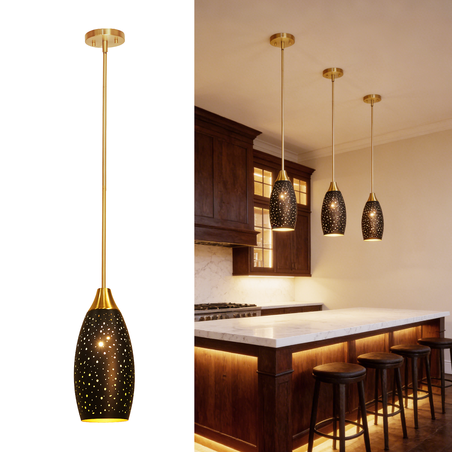 Industrial Gold Teardrop Pendant Light | Starry Hollow-Out Etched Metal Shade | Gold Black | Height Adjustable | E26 Max 60W | Kitchen Bar Café Hanging Lamp