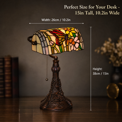 10-inch Tiffany style butterfly banker lamp size guide showing 10.2 inch width and 15 inch overall height