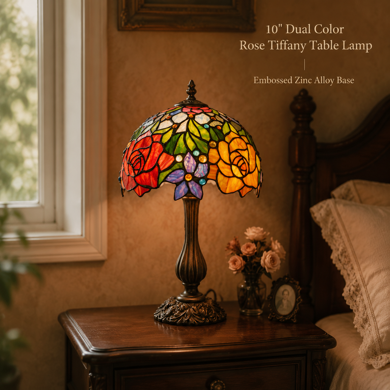 Vintage bedside table lamp with red and golden rose stained glass shade creating a warm glow beside the bed
