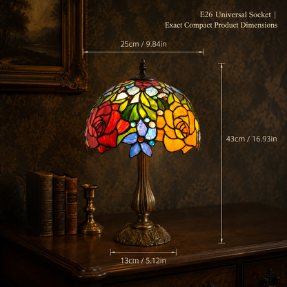 Compact rose table lamp measuring 9.84 inches wide and 16.93 inches high with E26 socket and 5.12 inch base