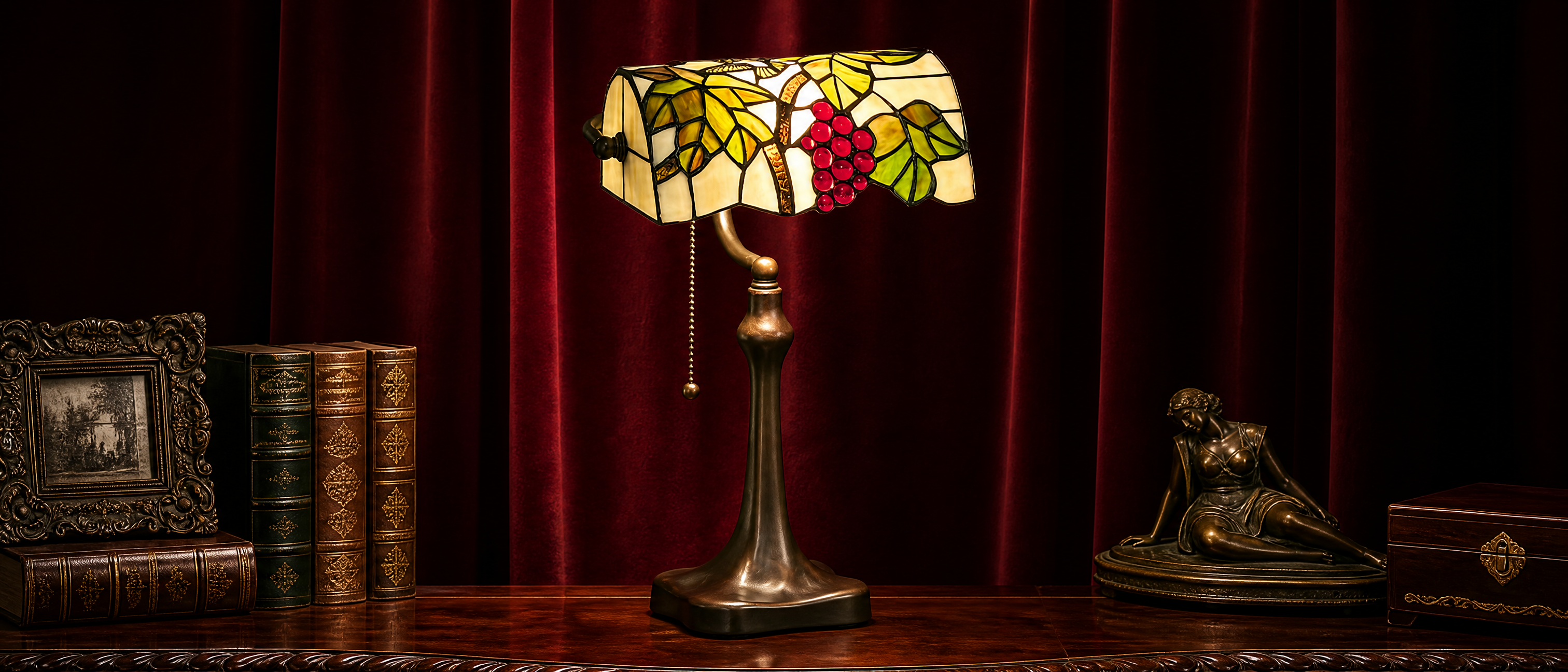 10-inch Tiffany style banker lamp with grape stained glass shade, pull-chain switch and antique bronze metal base