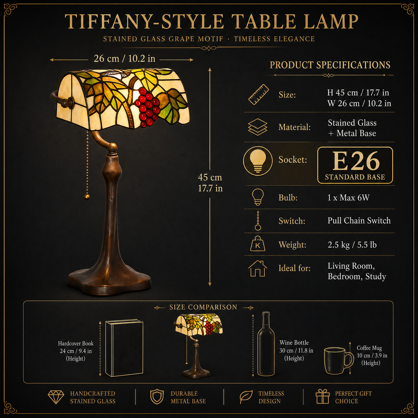 10 inch Tiffany style banker lamp size chart with stained glass shade, E26 socket, pull chain switch and metal base