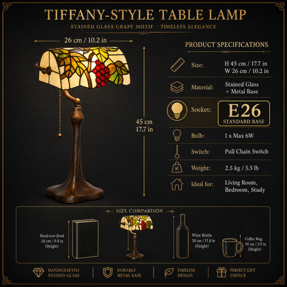 10 inch Tiffany style banker lamp size chart with stained glass shade, E26 socket, pull chain switch and metal base