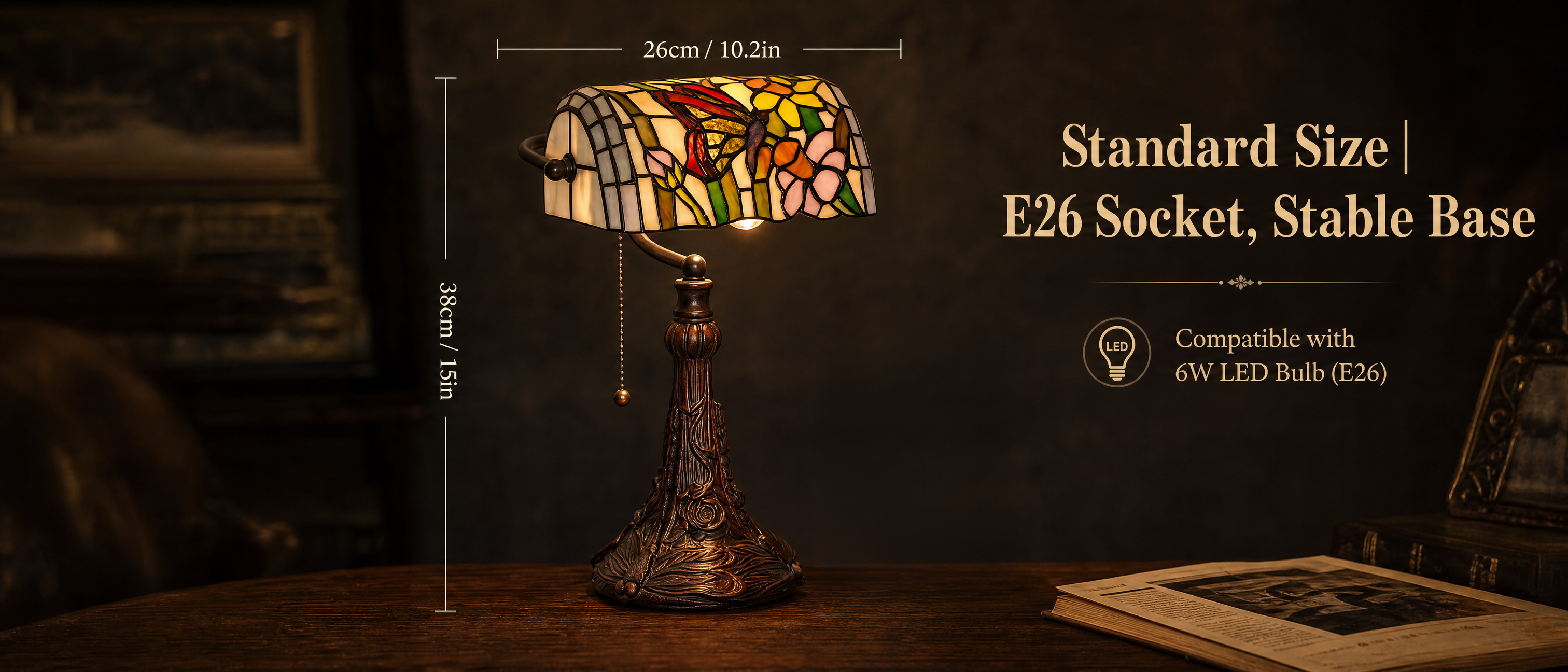 10-inch Tiffany style butterfly banker lamp size guide showing 10.2 inch width, 15 inch height and E26 socket