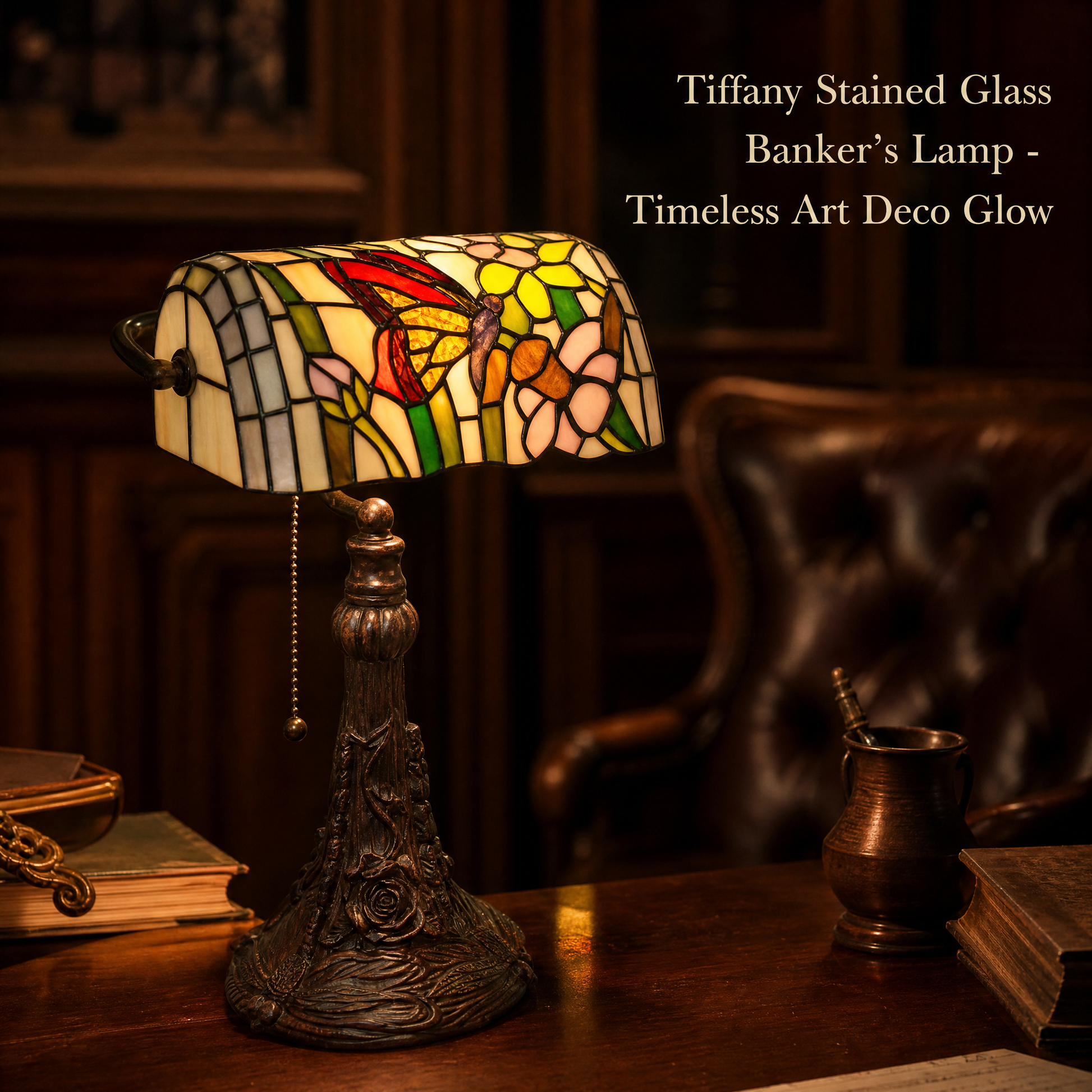 10-inch Tiffany style butterfly banker lamp with colorful stained glass shade and vintage sculptural base on a study desk