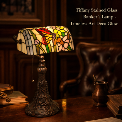 10-inch Tiffany style butterfly banker lamp with colorful stained glass shade and vintage sculptural base on a study desk
