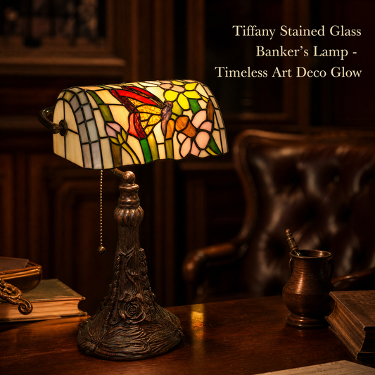10-inch Tiffany style butterfly banker lamp with colorful stained glass shade and vintage sculptural base on a study desk